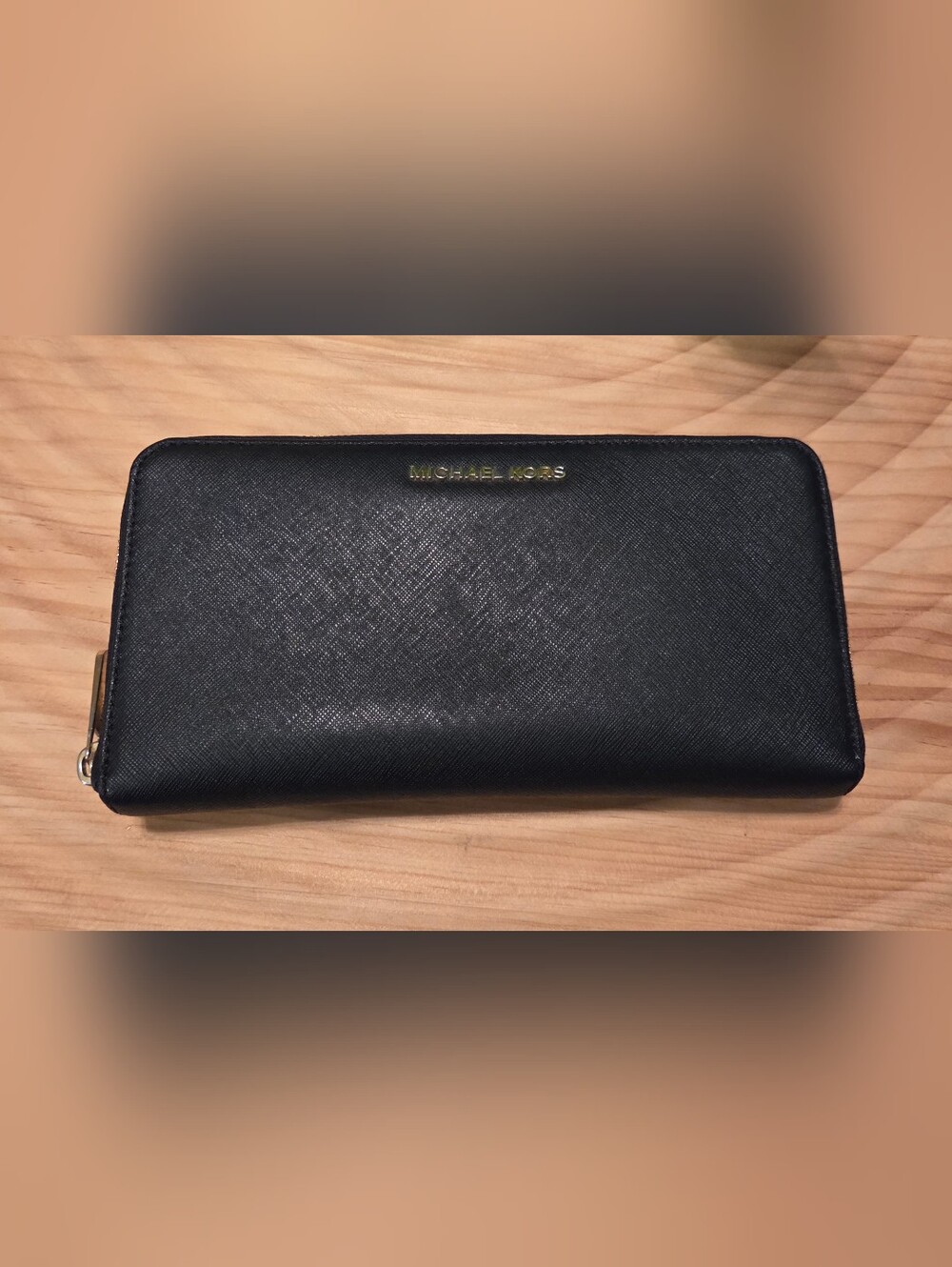 Michael Kors Black Saffiano Zip Wallet with Gold Logo